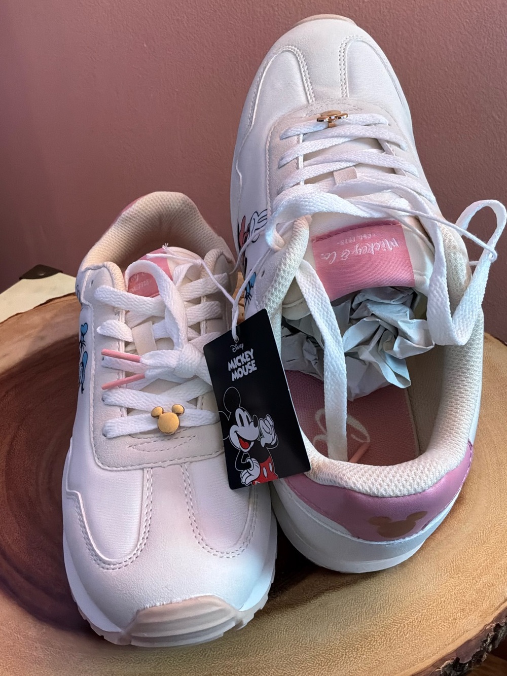 🌙✨🏷️ Disney Mickey Mouse Sneakers Pink & White Gold Accents Size 8 - Picture 4 of 9